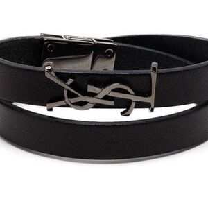 Saint Laurent black leather double-wrap bracelet with gunmetal YSL buckle